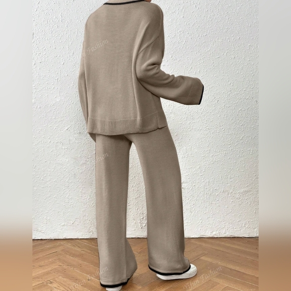 2pcs Spring/Fall Casual Color Block Trim Knitted Sweater Pants Set - Picture 4 of 4